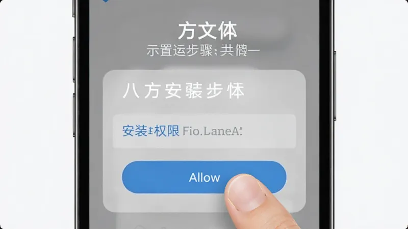 八方文体 安装步骤示意图,手机屏幕展示安装权限设置页面,画面中有手指点击允许按钮的动作,背景简洁,风格现代,画质清晰,无多余元素