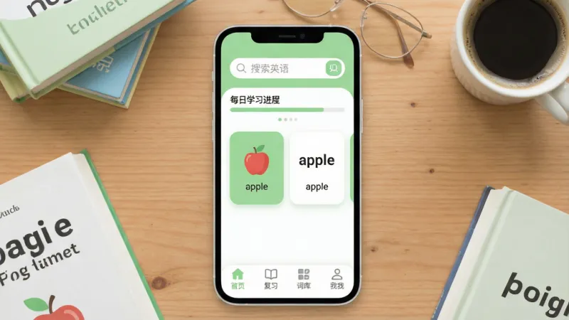 一张手机屏幕特写,屏幕中央显示“语芽英语”APP的主界面,界面设计简洁清新,以浅绿色和白色为主色调,顶部有搜索框和每日学习进度条,中间是单词卡片展示区,卡片上写着英文单词“apple”和中文释义,底部有四个导航图标分别是首页、复习、词库和我的,手机周围散落着几本英语书和一杯咖啡,背景是木质桌面,风格现代扁平化,细节圆润,画质干净明亮,无多余元素