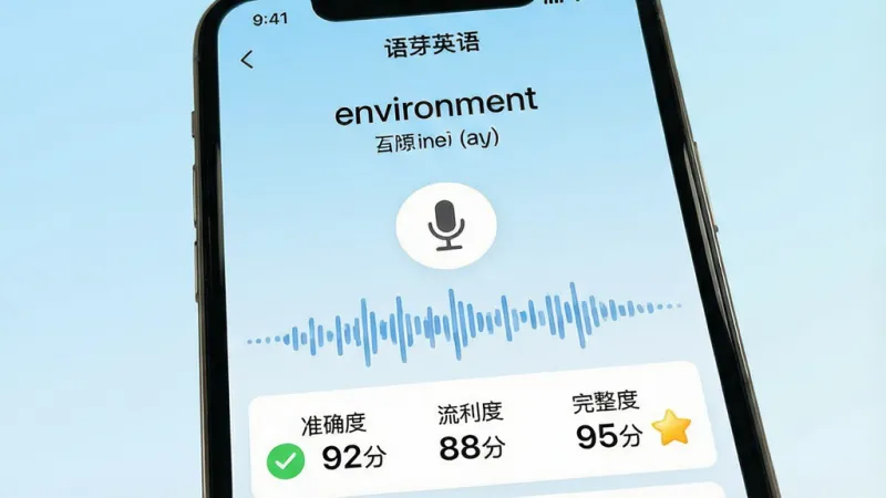 一张手机屏幕截图风格的图片,展示“语芽英语”的跟读打分界面,屏幕上方显示单词“environment”和音标,中间是麦克风图标和声波波形图,下方显示打分结果“准确度 92分 流利度 88分 完整度 95分”,分数旁边有绿色的对勾和星星图标,背景是淡蓝色渐变,界面干净整洁,文字清晰,画质明亮无多余元素