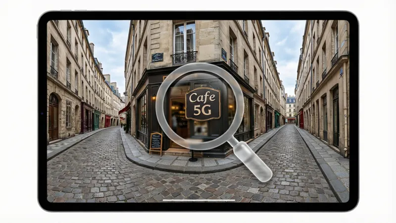 一张展示“免费全景5G地图”全球街景功能的图片,画面主体是一个平板电脑横屏显示,屏幕中呈现着一条欧洲风情的石板街道全景,画面中央有一个半透明的放大镜图标正在聚焦一家街边咖啡馆的招牌,布局上平板占据视觉中心,风格写实且带有科技感,细节上街道透视感强烈,色彩还原真实,画质高清,干净无多余元素。