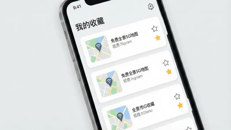 一张展示“免费全景5G地图”离线收藏功能的图片,画面主体是一个手机屏幕界面特写,屏幕中显示着一个名为“我的收藏”的列表,列表项带有小地图缩略图和星标图标,布局采用卡片式纵向排列,风格极简清新,细节上图标线条纤细,背景为浅灰色,画质干净,无多余元素。