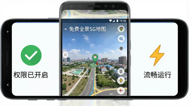 一张展示“免费全景5G地图”在手机上流畅运行的图片,画面主体是一部安卓手机,屏幕显示着全景地图界面,画面左侧有一个绿色的对勾图标旁边写着“权限已开启”,右侧有一个闪电图标旁边写着“流畅运行”,布局采用左右分栏,风格信息图表化,细节上图标简洁明了,画质干净,无多余元素。