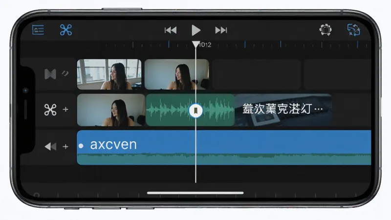 axcven剪辑 多轨道编辑界面 手机屏幕显示三条轨道分别放置视频、音频和文字素材 时间线指针正在移动 界面有剪辑工具图标 风格扁平化 蓝色高亮选中轨道 画质清晰 无杂乱元素