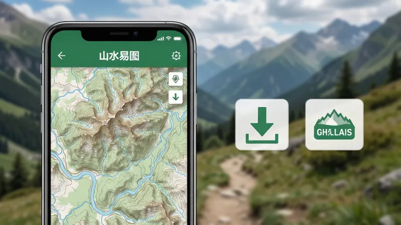 一张展示“山水易图”应用离线地图和地形标注功能的图片,画面中手机屏幕显示带有山脉、河流和等高线的地图,旁边有下载箭头和离线标志,背景是户外山野场景,布局清晰,风格写实,细节干净,画质高清,无多余元素。