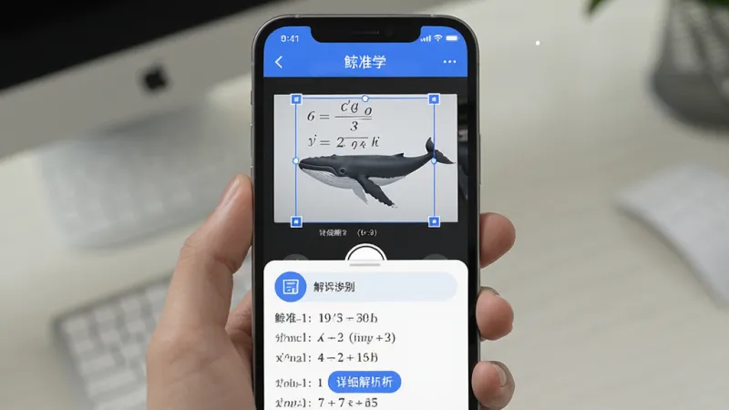 鲸准学 智能识别功能展示 手机屏幕显示拍照搜题界面 一道数学题被框选 下方弹出详细解析步骤 蓝白配色 扁平图标 界面简洁 画质清晰 无杂乱元素
