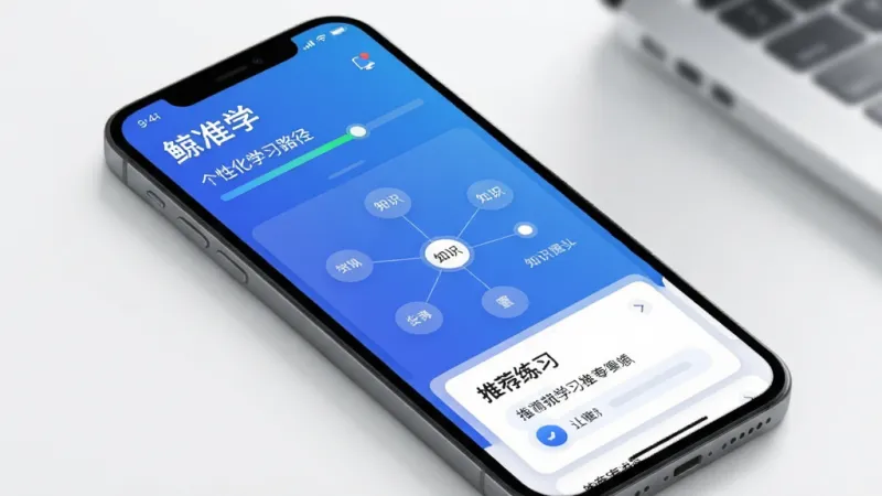 鲸准学 个性化学习路径界面 手机屏幕显示学习进度条 知识图谱节点 推荐练习卡片 蓝色渐变主色调 卡片式布局 简洁现代 文字标签清晰 画质干净