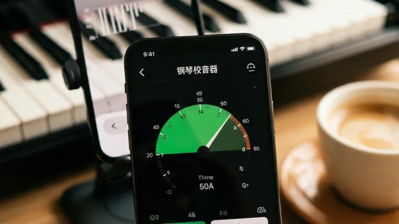 一张手机屏幕特写,画面中央是“钢琴校音器”App的调音界面,指针稳稳停在中央绿色区域,背景是模糊的钢琴键盘,旁边放着手机支架和一杯咖啡,整体色调温暖明亮,风格简洁现代,画质清晰干净,无多余元素