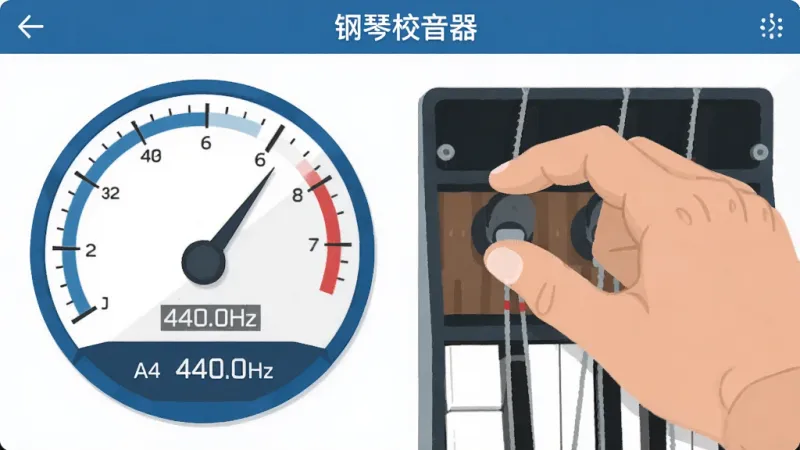 一张“钢琴校音器”的界面截图,显示模拟表盘和数字频率,表盘下方有“A4 440.0Hz”字样,旁边画着一只手正在调节钢琴弦轴,风格扁平插画,配色蓝白为主,画质干净无多余元素