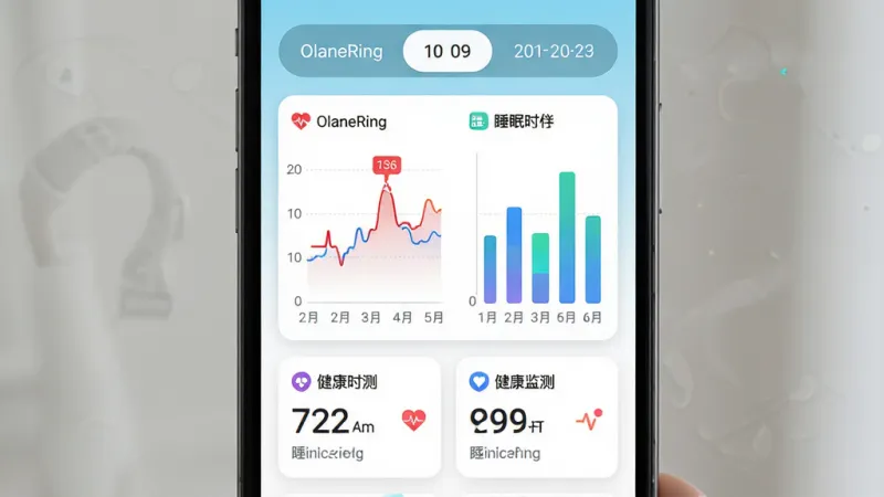 OlaneRing 健康数据监测界面,主体为手机屏幕显示心率曲线和睡眠柱状图,布局上方为日期切换栏、中间为图表区域、下方为数据摘要卡片,排版清晰,风格清爽健康风,细节包含心率数值和睡眠时长标注,画质干净无多余元素,图片中文字标注