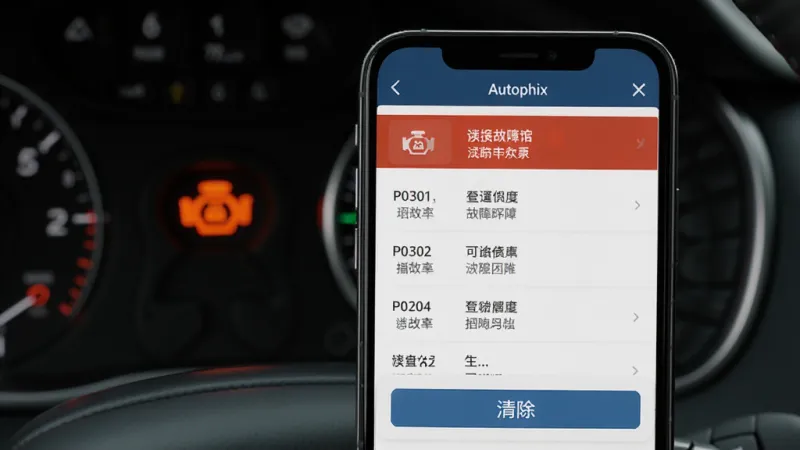 一张展示Autophix软件读取故障码界面的图片,画面中手机屏幕显示OBD故障码列表,包含P0301等代码和中文解释,旁边有清除按钮,背景是汽车仪表盘亮起发动机故障灯,风格写实科技感,细节清晰,画质干净无多余元素