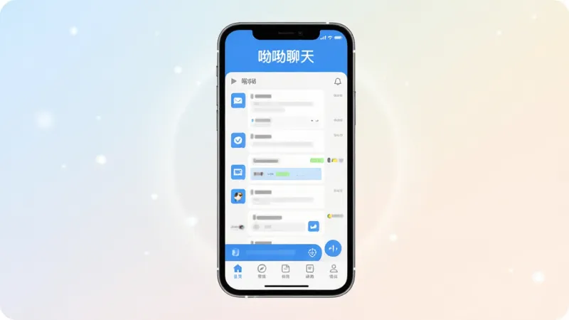 一张展示呦呦聊天软件主界面的图片,画面中央是手机屏幕,屏幕内显示呦呦聊天的聊天列表和底部导航栏,界面简洁清爽,蓝白配色为主,顶部有呦呦聊天的文字logo,背景是柔和的浅色渐变,周围有轻微的光晕效果,风格现代扁平,画质干净清晰,无多余元素