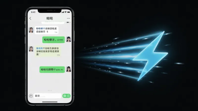 一张表现呦呦聊天极速连接功能的图片,画面左侧是手机显示呦呦聊天界面,右侧是速度线或闪电符号表示快速连接,主体是手机和速度感光效,布局居中,风格科技感但保持简洁,细节上手机屏幕内显示聊天界面,画质清晰干净,无多余元素