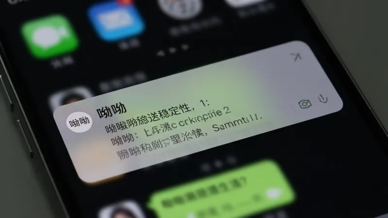 一张展示呦呦聊天消息推送稳定性的图片,画面中一部手机屏幕亮起显示呦呦聊天的新消息通知,通知气泡清晰可见,背景是深色模式下的手机桌面,主体突出通知卡片,布局简洁,风格写实,细节上通知内容显示聊天消息,画质干净无多余元素
