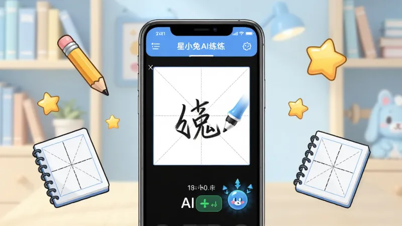 一张展示星小兔AI练字软件核心全貌的图片,画面中央是一部智能手机,屏幕上显示着星小兔AI练字的主界面,界面里有田字格、手写笔迹和AI评分动画,手机周围漂浮着铅笔、田字格本和星星图标,背景是温馨的淡蓝色书房环境,布局居中对称,风格卡通可爱,细节清晰,画质干净明亮,无多余元素