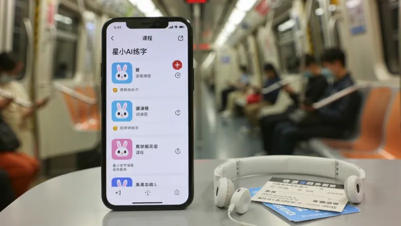 一张展示星小兔AI练字离线模式的图片,画面中手机屏幕显示已下载的课程列表和离线标识,手机旁边放着一副耳机和一张地铁票,背景是地铁车厢的虚化场景,风格生活化,画质清晰,无多余元素