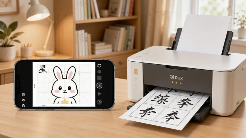 一张展示星小兔AI练字字帖生成功能的图片,画面中一部手机正在生成字帖预览,屏幕旁边有一台家用打印机正在打印带有田字格的纸张,纸上的汉字清晰可见,背景是温馨的家庭书房,风格简洁实用,画质干净,无多余元素