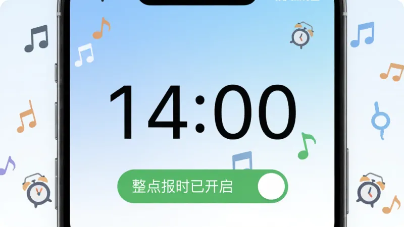 一张手机屏幕展示语音报时闹钟APP主界面的图片,画面中央显示大号数字时钟“14:00”,下方有“整点报时已开启”的绿色开关按钮,背景是柔和的蓝白渐变,屏幕周围环绕着音符和闹钟小图标,风格现代扁平,画质干净清晰,无多余元素
