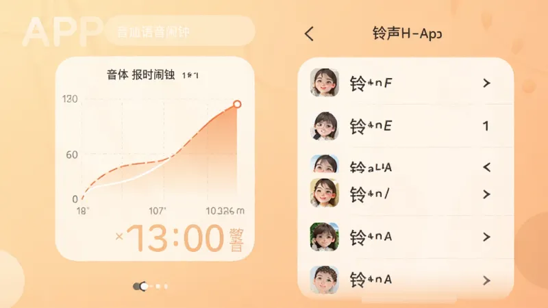 语音报时闹钟APP的铃声设置界面,显示音量渐强曲线图和铃声列表,背景是暖色调,风格柔和,画质清晰,无多余元素