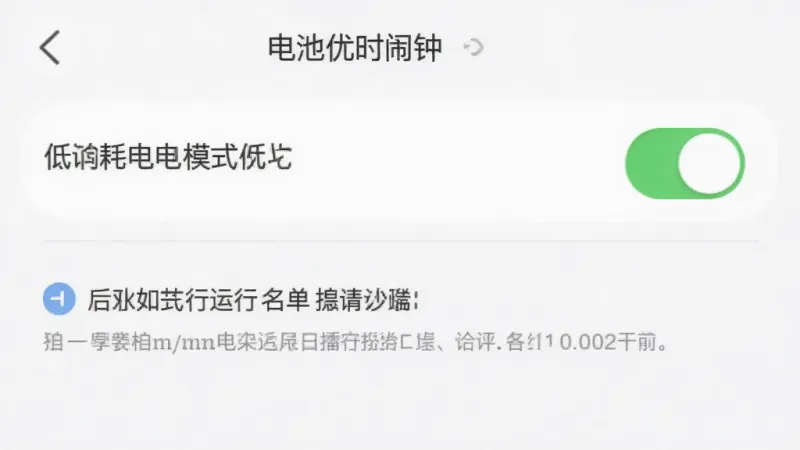 语音报时闹钟APP的电池优化设置界面,显示低耗电模式开关和后台运行白名单提示,背景是白色,风格极简,画质干净,无多余元素