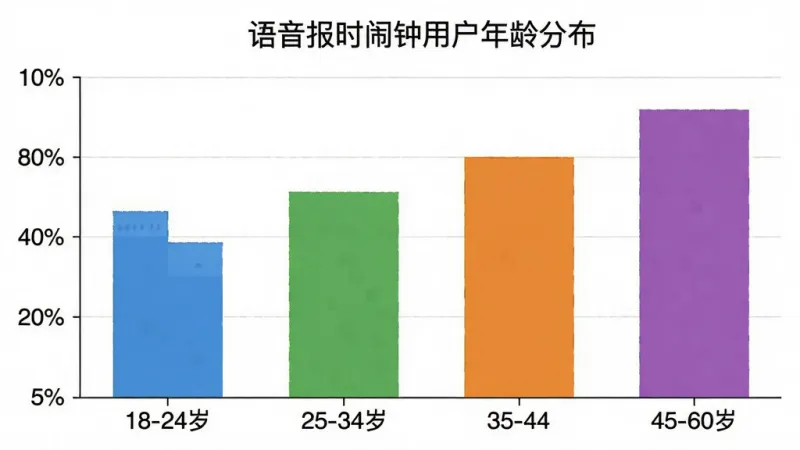 一张柱状图展示语音报时闹钟用户年龄分布,横轴为18-24岁、25-34岁、35-44岁、45-60岁,纵轴为用户占比百分比,柱体颜色分别为蓝色、绿色、橙色、紫色,图表标题为“语音报时闹钟用户年龄分布”,风格简洁清晰,画质干净,无多余元素