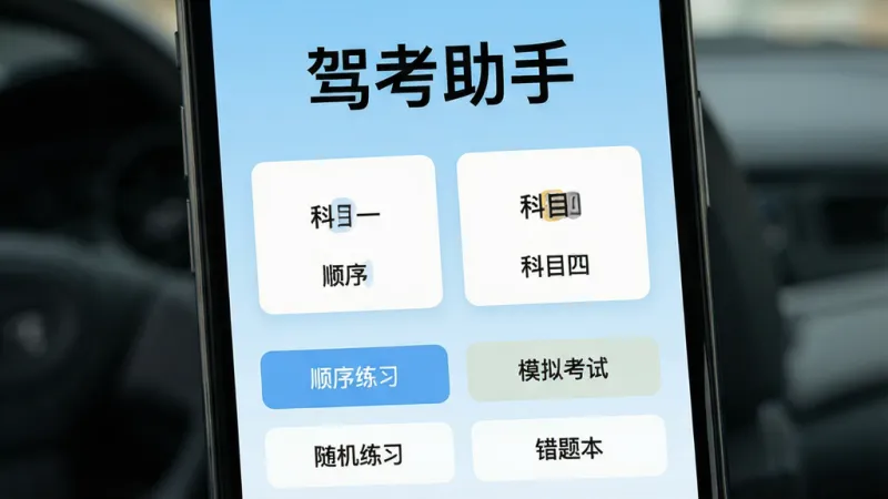 一张手机屏幕展示驾考助手APP主界面,界面顶部显示“驾考助手”四个大字,中间是科目一和科目四的题库入口卡片,下方有顺序练习、随机练习、模拟考试、错题本四个功能按钮,背景是浅蓝色渐变,整体风格简洁清爽,没有广告弹窗,画质干净清晰,无多余元素