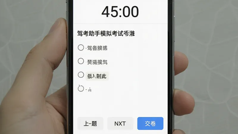 一张手机屏幕截图,展示驾考助手模拟考试界面,顶部有倒计时显示“45:00”,中间是单选题题目和四个选项,底部有上一题、下一题和交卷按钮,界面干净无广告,背景为白色,文字清晰,风格简洁,画质干净无多余元素