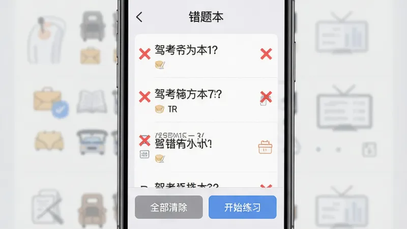 一张手机屏幕展示驾考助手错题本界面,顶部显示“错题本”标题,下方是错题列表,每道题旁边有红色叉号标记,底部有“全部清除”和“开始练习”按钮,背景为浅灰色,文字清晰,风格简洁,画质干净无多余元素