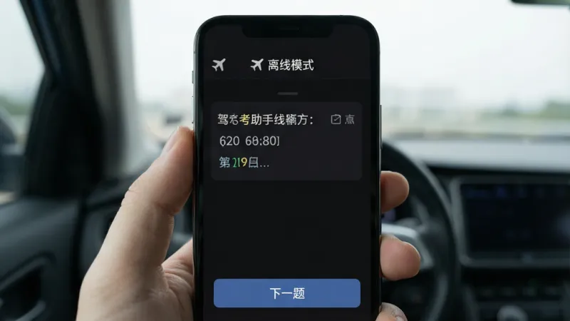 一张手机屏幕展示驾考助手离线模式界面,顶部有飞机图标和“离线模式”字样,中间是题目内容,底部有“下一题”按钮,背景为深色模式,文字清晰,风格简洁,画质干净无多余元素