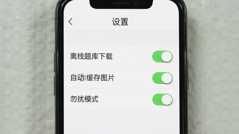 一张手机屏幕展示驾考助手设置界面,顶部显示“设置”标题,下方有“离线题库下载”、“自动缓存图片”、“勿扰模式”等选项开关,背景为白色,文字清晰,风格简洁,画质干净无多余元素