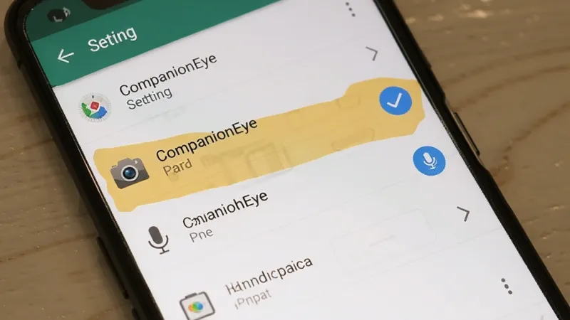 CompanionEye 安装权限设置手机截图,主体是一部安卓手机,屏幕上显示着应用权限管理界面,CompanionEye 的相机和麦克风权限被高亮勾选,布局是标准的设置列表,排版清晰,风格是原生安卓设置界面风格,细节上图标清晰,画质干净,无多余元素