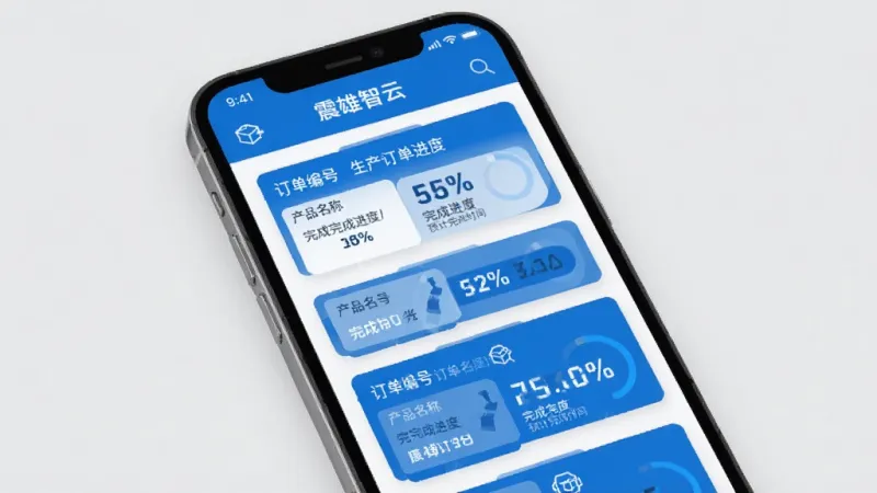 震雄智云 生产订单进度追踪界面 手机屏幕显示多个订单卡片 每个卡片包含订单编号 产品名称 完成进度百分比 预计完成时间 界面以蓝色和白色为主色调 卡片式布局 图标简洁 背景为浅灰色 画质清晰 无多余装饰元素