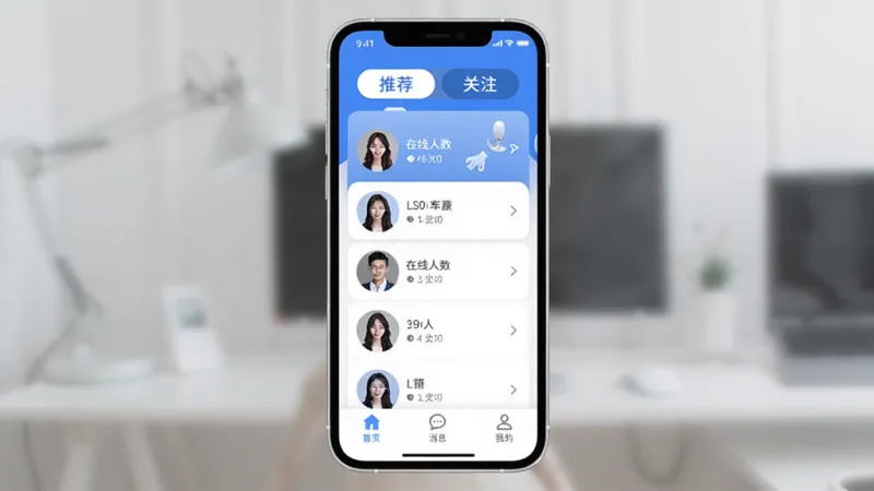 爱手软件主界面全貌展示,手机屏幕中央显示直播互动大厅,界面干净整洁,蓝白配色为主,顶部有推荐和关注标签栏,中间是主播头像列表和在线人数,底部为首页、消息、我的三个导航按钮,整体风格现代扁平,细节圆润,画质清晰,无多余元素