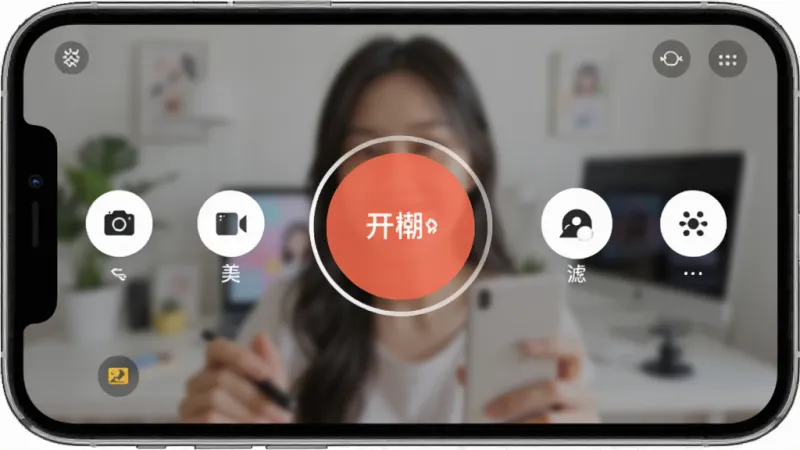 爱手一键开播功能界面展示,手机屏幕显示直播准备页面,中央有一个大圆形开播按钮,周围环绕着摄像头切换、美颜、滤镜、声音设置等小图标,背景是模糊的直播场景预览,风格简洁明快,画质干净无多余元素