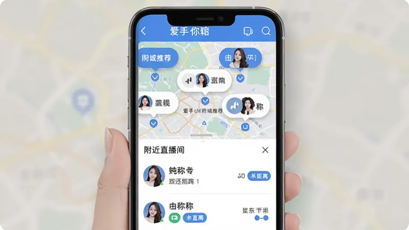 爱手附近同城推荐页面展示,手机屏幕显示地图背景上散布着几个主播头像气泡,下方是附近直播间列表,每个条目包含主播头像、昵称、距离和直播间标签,界面风格清爽,蓝白配色,画质干净无多余元素