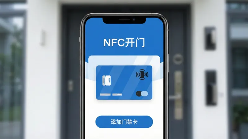 一张手机屏幕特写,画面中央是NFC开门App主界面,背景是虚化的现代公寓大门,手机屏幕显示一张蓝色的虚拟门禁卡图案,界面顶部有“NFC开门”白色文字,下方有“添加门禁卡”按钮,整体风格简洁现代,扁平化设计,蓝白配色,画质清晰干净,无多余元素