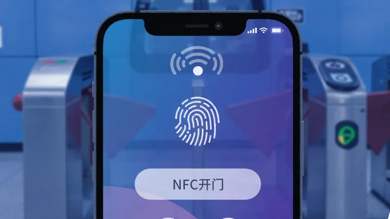手机锁屏界面特写,屏幕中央有一个指纹图标和“NFC开门”快捷按钮,背景是地铁闸机,手机顶部有NFC感应波纹图标,画面风格科技感十足,蓝紫色调,扁平设计,画质清晰无杂乱元素