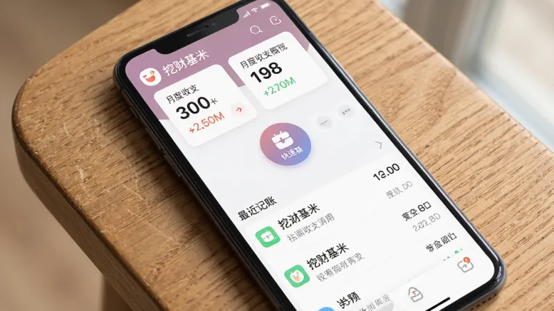 一张手机屏幕展示“挖财基米”应用主界面的图片，主体是手机放置在木质桌面上，布局为顶部显示月度收支概览的数字卡片，中间是快速记账的圆形按钮和最近几笔收支明细列表，排版简洁，风格为现代扁平化设计，细节上图标圆润、字体清晰，画质干净明亮，无多余元素。