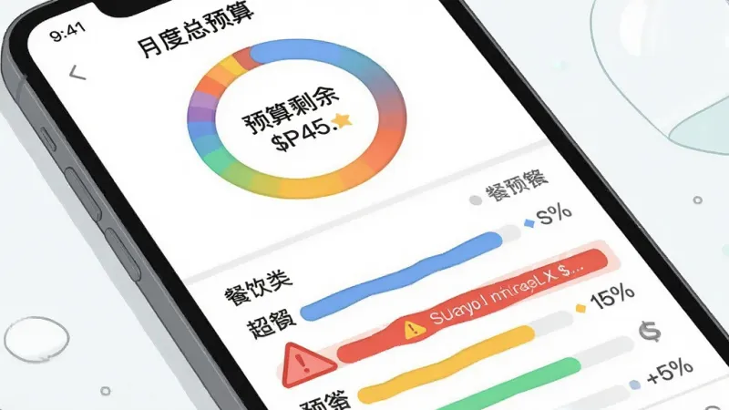 一张展示“挖财基米”预算管理功能的图片，主体是手机屏幕显示彩色进度条和预算剩余数字，布局为顶部是月度总预算环形图，下方是各分类预算的横向进度条，排版清晰，风格为清新插画风，细节上超支的餐饮类目显示为红色警示，画质干净，无多余元素。