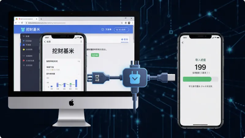 一张展示“挖财基米”导入账单操作流程的示意图，主体是手机屏幕和电脑屏幕的交互，布局为左侧电脑显示账单下载页面，右侧手机显示导入进度条，排版为左右对比，风格为科技教程风，细节上数据线连接图标醒目，画质清晰，无多余元素。