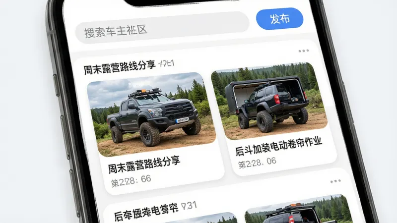 威麟APP车主社区界面展示,手机屏幕显示帖子列表,帖子封面是皮卡越野和改装照片,标题包括“周末露营路线分享”“后斗加装电动卷帘作业”等,顶部有搜索栏和发布按钮。界面风格清爽,卡片式布局,圆角设计,画质干净明亮,无多余装饰元素。