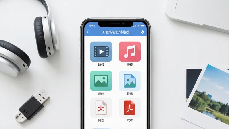 一张展示万能格式转换器核心功能的场景图,手机屏幕居中显示软件主界面,界面中有视频、音频、图片、文档、PDF等格式图标整齐排列,背景是简洁的浅色办公桌面,旁边散落着耳机、U盘和几张照片,风格现代扁平化,细节清晰,画质干净明亮,无多余元素