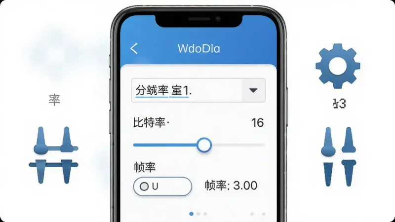 万能格式转换器参数调整界面示意图,手机屏幕显示视频转换设置面板,包含分辨率下拉菜单、比特率滑块、帧率选项等控件,界面以蓝白配色为主,数值清晰可见,旁边有齿轮和调节杆的装饰图标,风格简洁专业,细节精致,画质干净,无多余元素