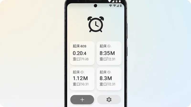 手机闹钟oneClock闹铃App主界面全貌展示,画面中央是一部安卓手机,屏幕显示极简风格的闹钟应用界面,顶部显示当前时间和大号闹钟图标,中间排列着几个已设置的闹钟卡片,每个卡片上标注着起床时间和重复日期,底部有加号添加按钮和设置标签,背景是干净的浅色渐变,整体风格清爽现代,细节圆润,画质干净,无多余元素