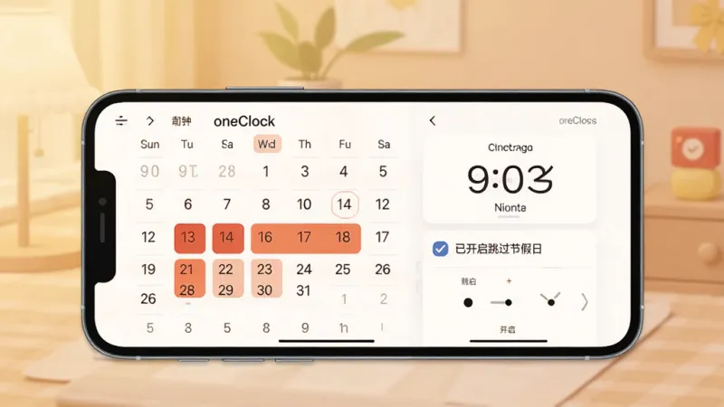手机闹钟oneClock闹铃智能跳过节假日功能展示,画面中一部手机横放,屏幕显示日历界面和闹钟设置面板,日历上春节假期日期被高亮标注,旁边有勾选框显示已开启跳过节假日选项,背景是柔和的暖色调,风格扁平化设计,细节清晰,画质干净,无多余元素