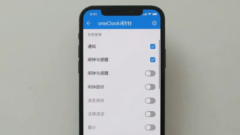 手机闹钟oneClock闹铃安全权限说明界面,画面中手机屏幕显示应用权限管理页面,列表中只有通知、闹钟与提醒两项权限被勾选,其他权限显示为灰色未开启状态,背景简洁,风格清晰直观,细节明了,画质干净,无多余元素