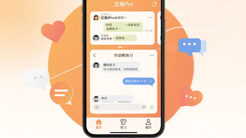 手机屏幕中央显示“恋商Pro”App主界面,背景是温暖的渐变橙色,界面顶部有聊天话题推荐卡片,中间是对话模拟练习区,底部导航栏有首页、练习、我的三个图标,周围环绕爱心和对话气泡元素,风格现代扁平,画质干净无多余元素