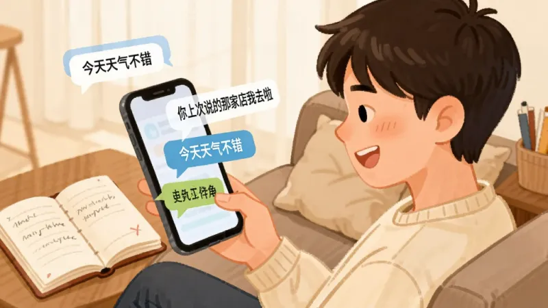 画面中一个年轻人坐在沙发上对着手机微笑,手机屏幕里弹出多个对话气泡,气泡中写着“今天天气不错”“你上次说的那家店我去啦”等日常话题,旁边有一本打开的笔记本,风格温馨插画,画质干净无多余元素