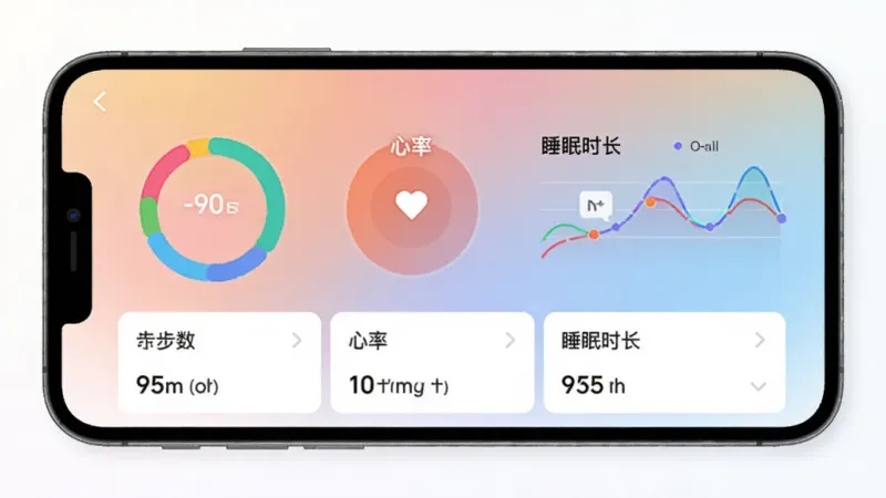 手机屏幕显示古力古利App的数据看板页面,页面内有步数、心率、睡眠时长的彩色环形图表和曲线图,图表下方有简洁的数据列表,背景是柔和的渐变色,整体风格现代扁平,画质干净无多余元素