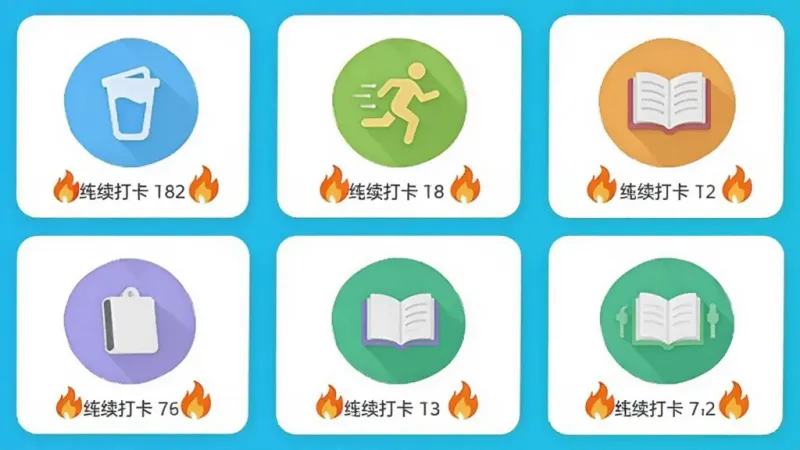 古力古利App的习惯打卡页面,屏幕内显示多个习惯图标如喝水、跑步、阅读,每个图标下方有连续打卡天数的火焰标记,界面以卡片形式排列,背景干净,风格清新,画质清晰无多余元素