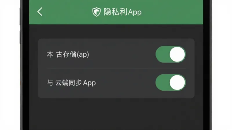 古力古利App的隐私设置页面,屏幕内显示本地存储与云端同步的开关选项,旁边有盾牌形状的安全图标,界面以深灰色和绿色为主,风格沉稳简洁,画质干净无多余元素